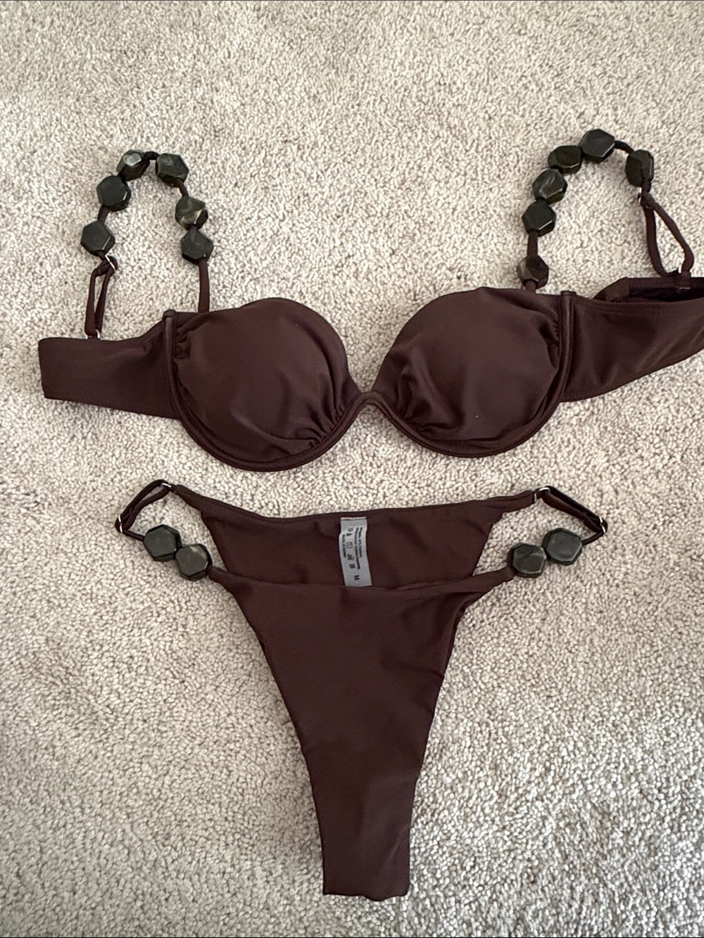 Women's Brown Beaded Strap Bikini Set